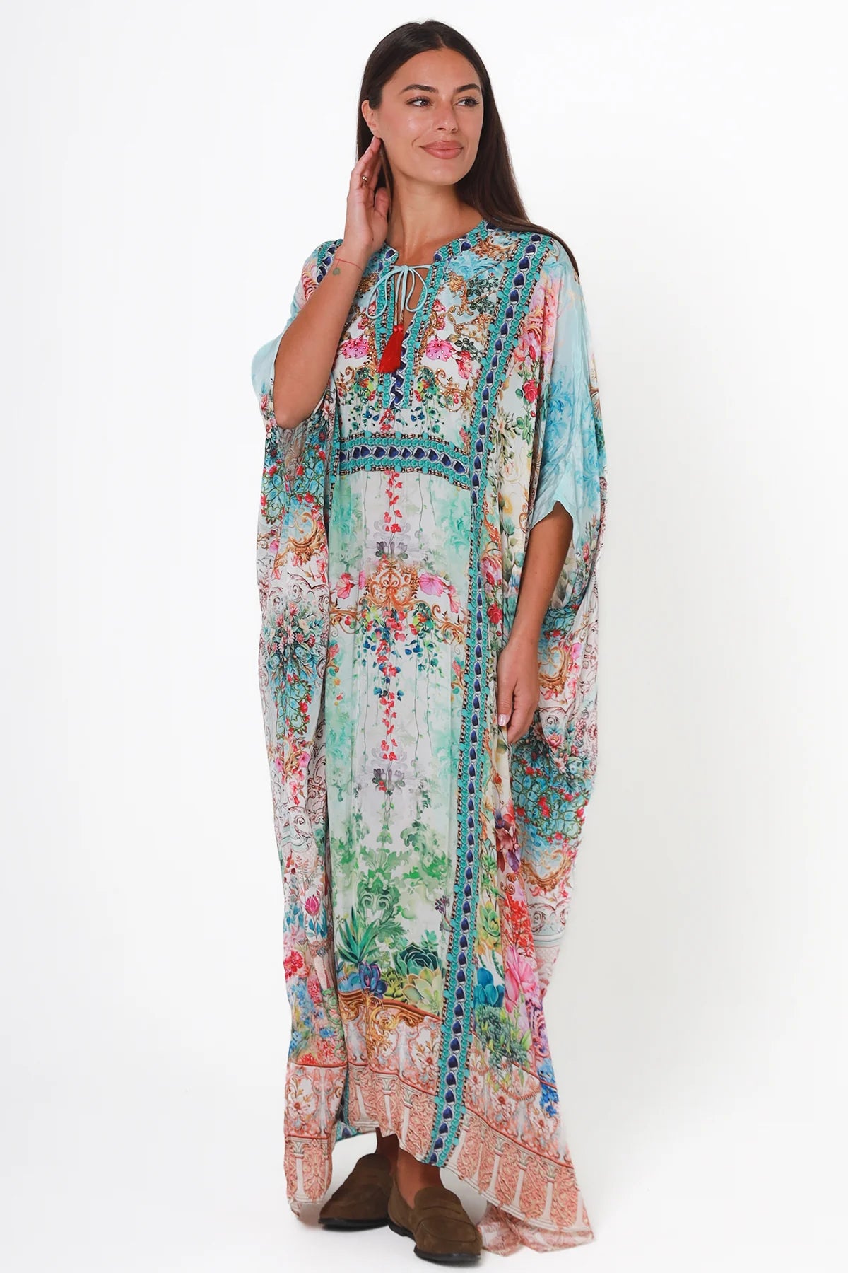 Mirage Kaftan Aqua Bloom bohemian floral viscose crepe kaftan with rhinestones