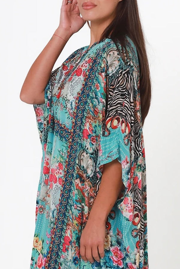 Mirage Floral Kaftan Turquoise Bloom by Peacock Feather the Label in viscose crepe with botanical boho print