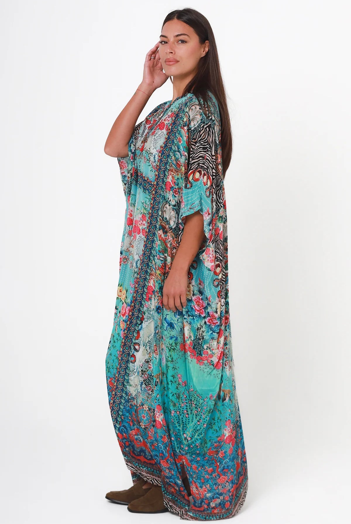 Mirage Floral Kaftan Turquoise Bloom by Peacock Feather the Label in viscose crepe with botanical boho print