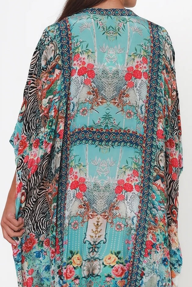 Mirage Floral Kaftan Turquoise Bloom by Peacock Feather the Label in viscose crepe with botanical boho print