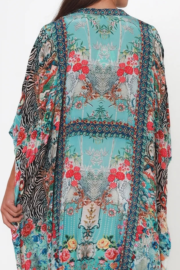 Mirage Floral Kaftan Turquoise Bloom by Peacock Feather the Label in viscose crepe with botanical boho print