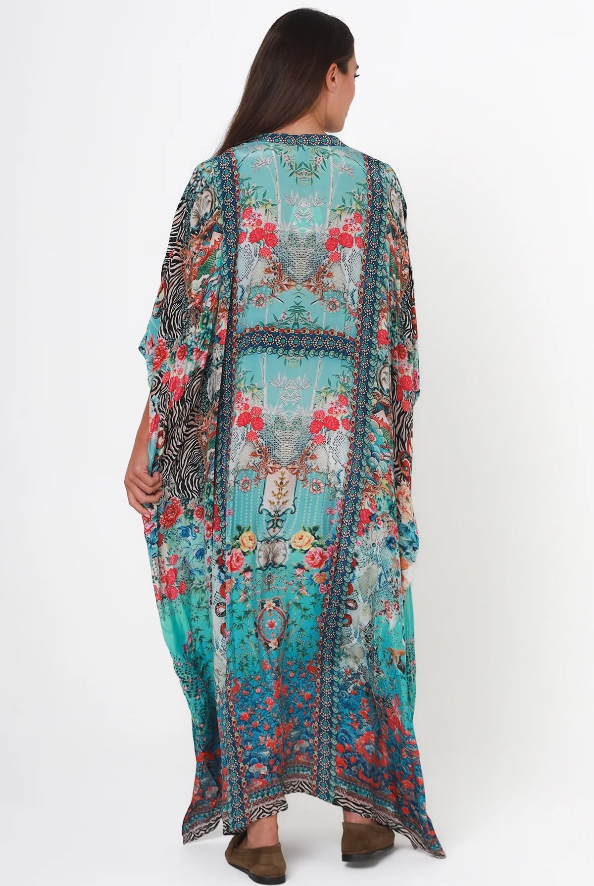 Mirage Floral Kaftan Turquoise Bloom by Peacock Feather the Label in viscose crepe with botanical boho print