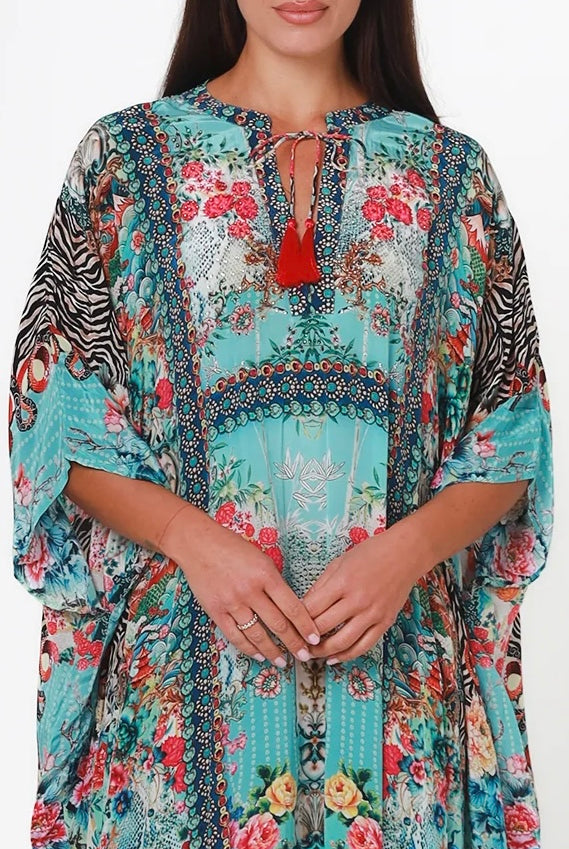 Mirage Floral Kaftan Turquoise Bloom by Peacock Feather the Label in viscose crepe with botanical boho print