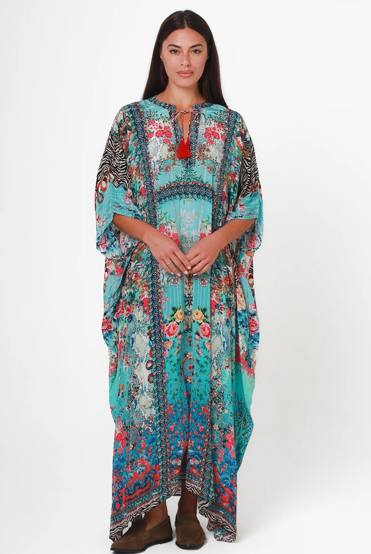 Mirage Floral Kaftan Turquoise Bloom by Peacock Feather the Label in viscose crepe with botanical boho print