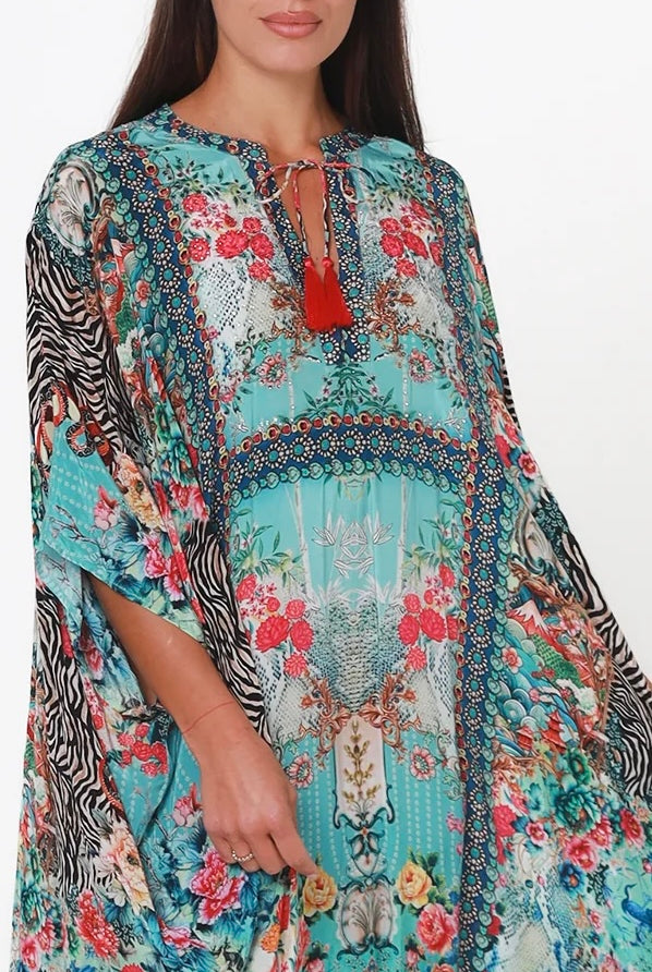 Mirage Floral Kaftan Turquoise Bloom by Peacock Feather the Label in viscose crepe with botanical boho print