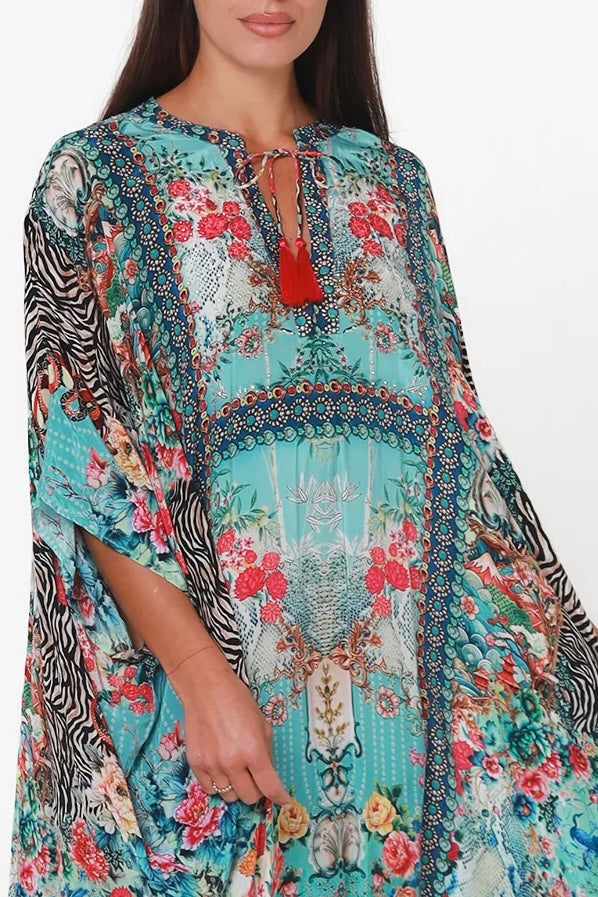 Mirage Floral Kaftan Turquoise Bloom by Peacock Feather the Label in viscose crepe with botanical boho print
