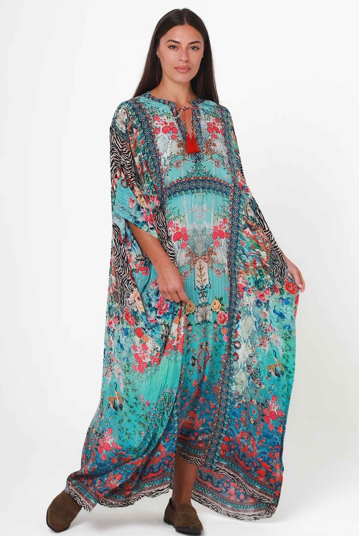 Mirage Floral Kaftan Turquoise Bloom by Peacock Feather the Label in viscose crepe with botanical boho print