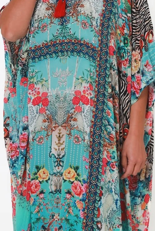 Mirage Floral Kaftan Turquoise Bloom by Peacock Feather the Label in viscose crepe with botanical boho print