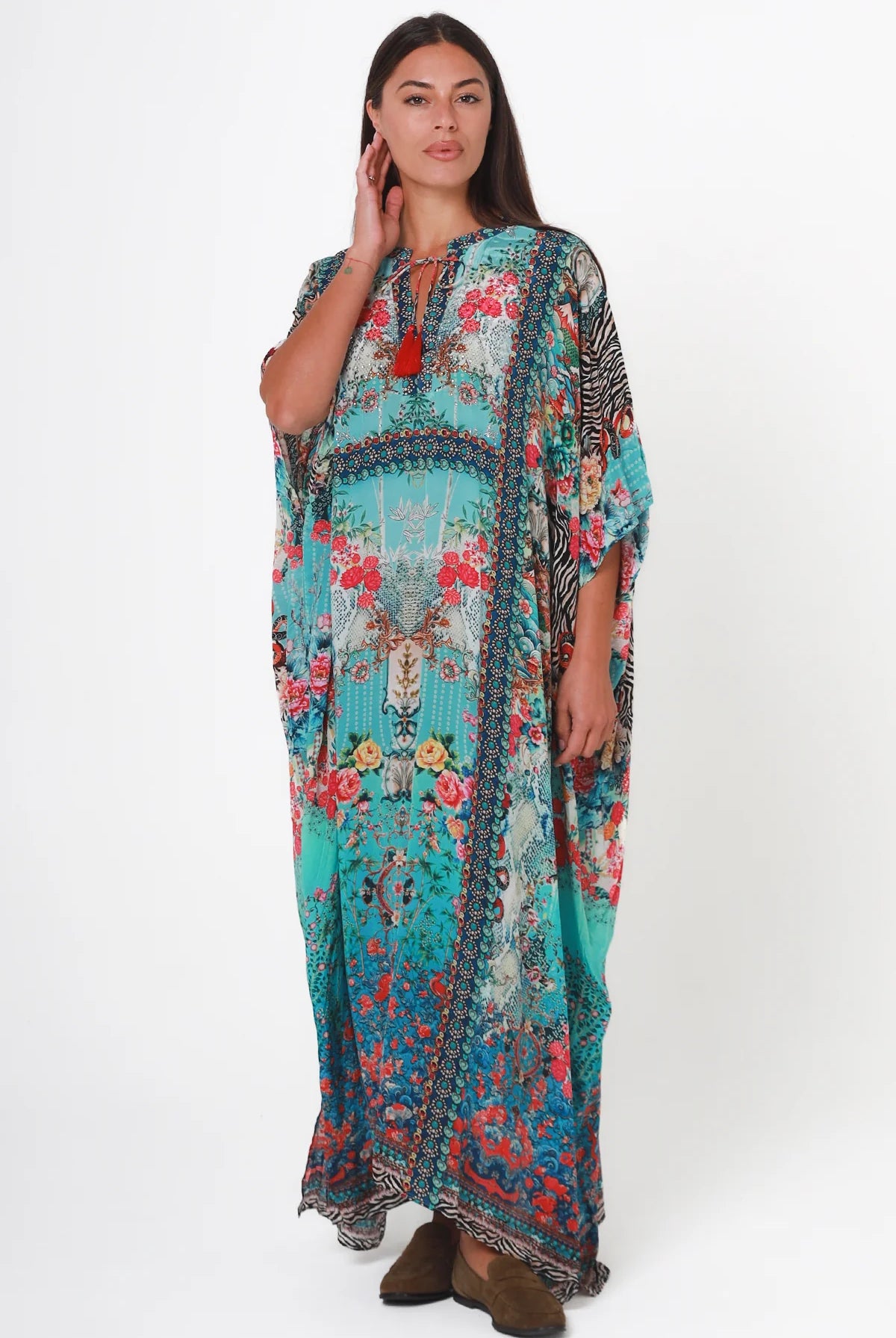 Mirage Floral Kaftan Turquoise Bloom by Peacock Feather the Label in viscose crepe with botanical boho print