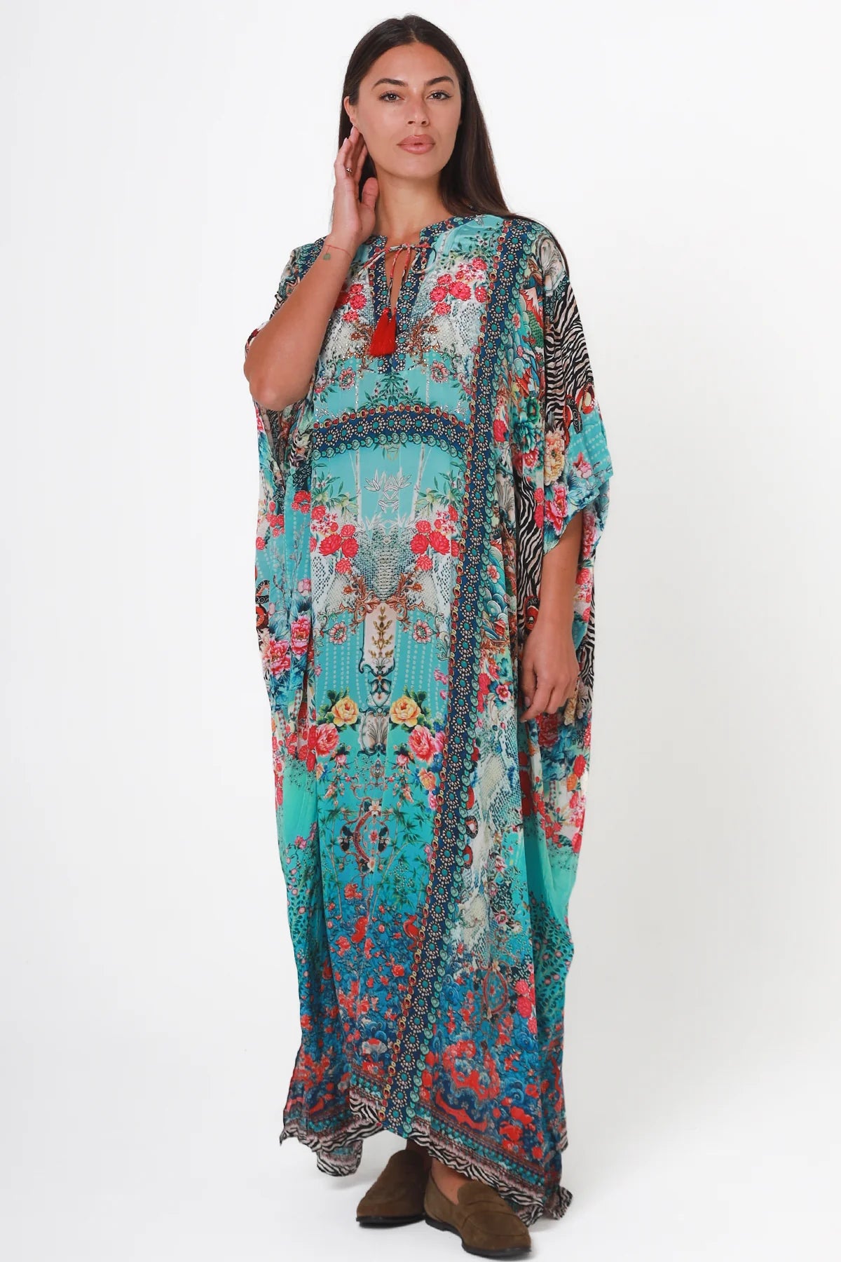 Mirage Floral Kaftan Turquoise Bloom by Peacock Feather the Label in viscose crepe with botanical boho print