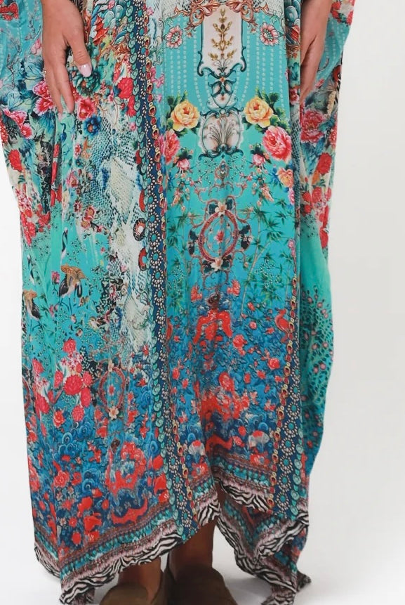 Mirage Floral Kaftan Turquoise Bloom by Peacock Feather the Label in viscose crepe with botanical boho print