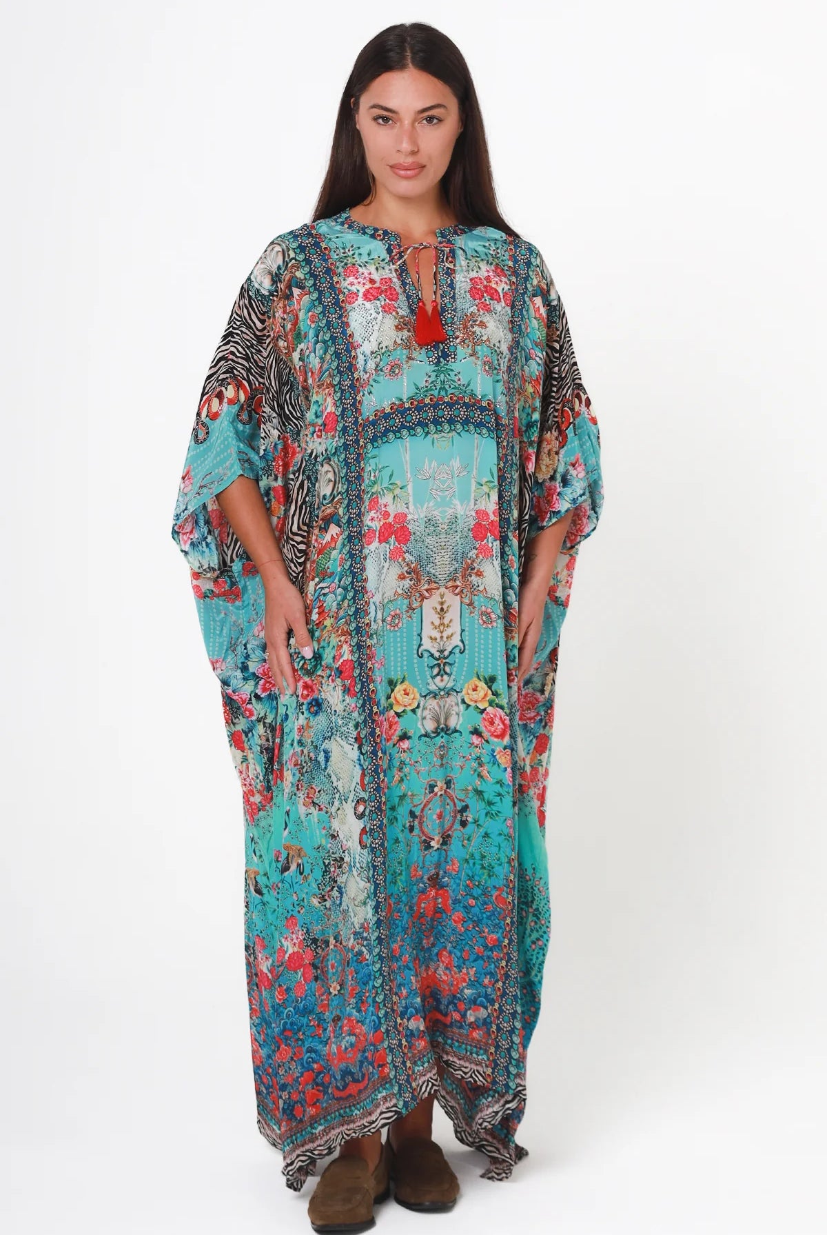 Mirage Floral Kaftan Turquoise Bloom by Peacock Feather the Label in viscose crepe with botanical boho print