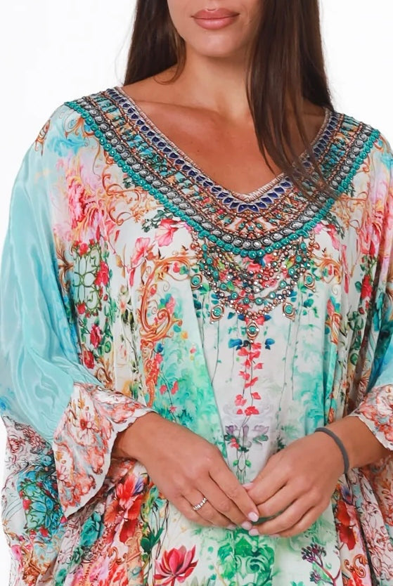 Eden Jewel embellished aqua garden kaftan mini dress by Peacock Feather in viscose crepe