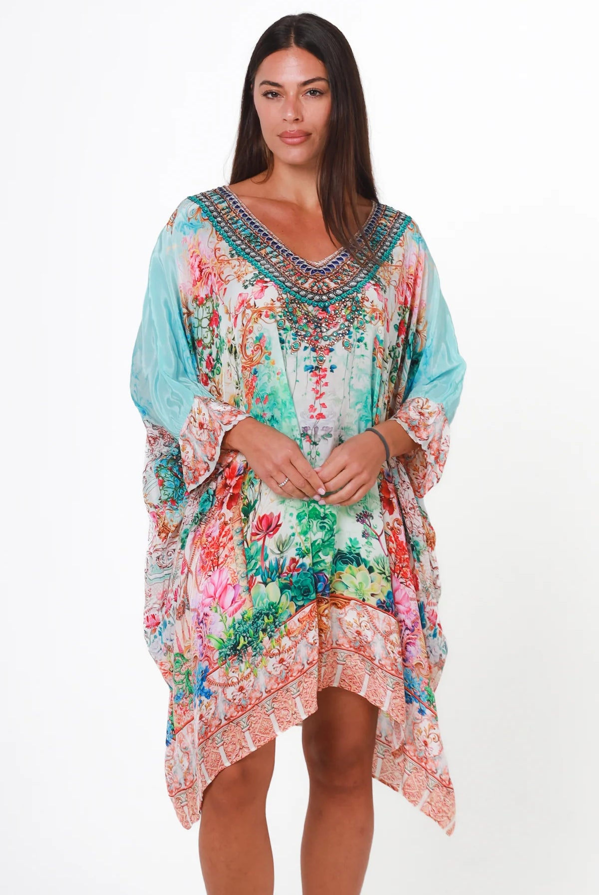 Eden Jewel embellished aqua garden kaftan mini dress by Peacock Feather in viscose crepe