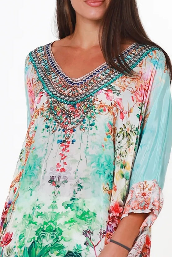 Eden Jewel embellished aqua garden kaftan mini dress by Peacock Feather in viscose crepe