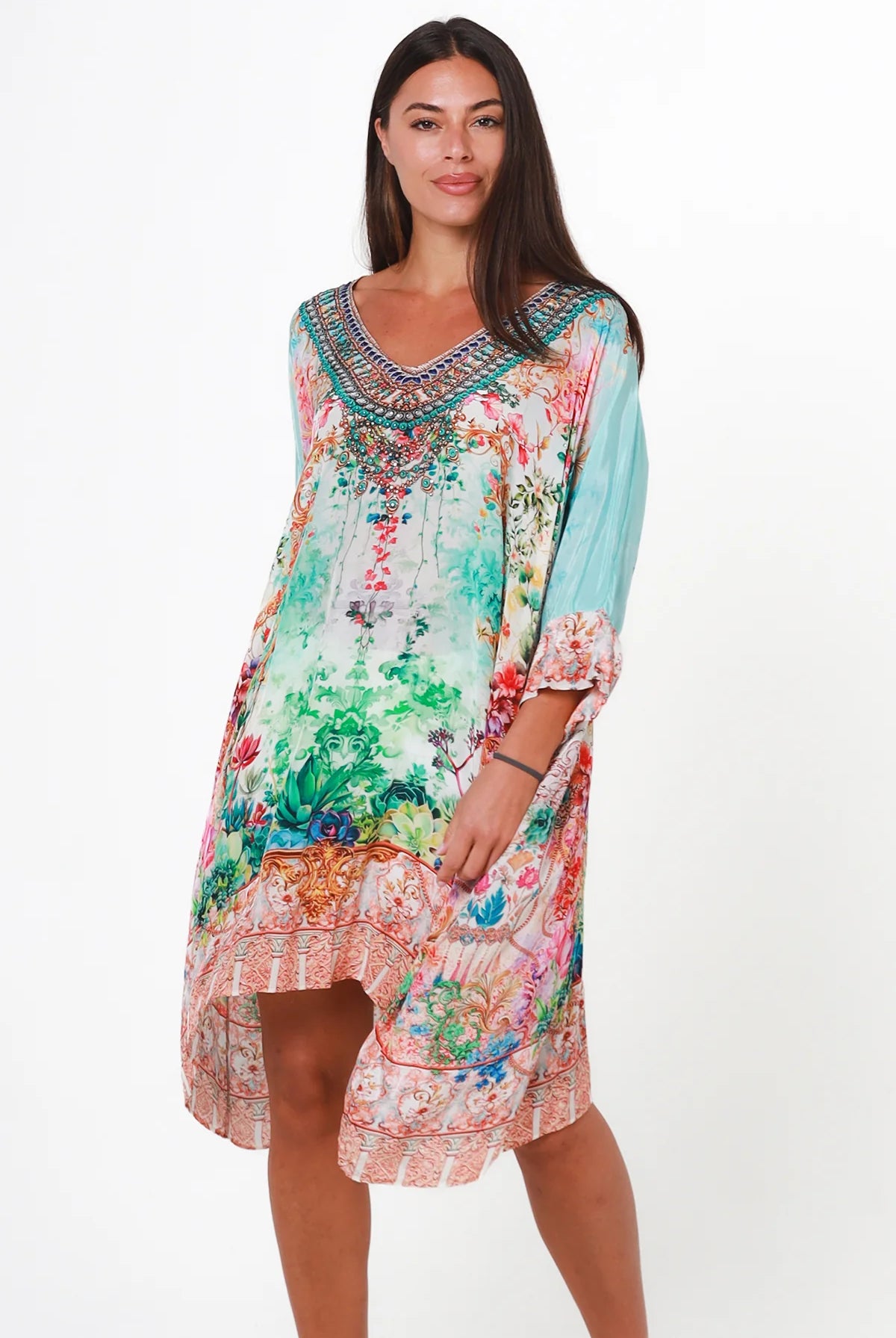 Eden Jewel embellished aqua garden kaftan mini dress by Peacock Feather in viscose crepe