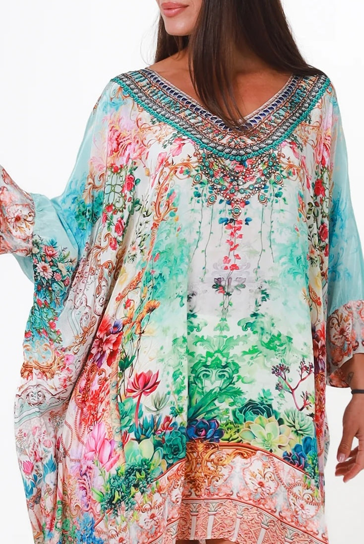 Eden Jewel embellished aqua garden kaftan mini dress by Peacock Feather in viscose crepe