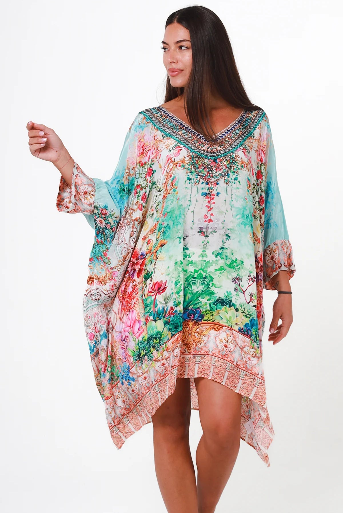 Eden Jewel embellished aqua garden kaftan mini dress by Peacock Feather in viscose crepe