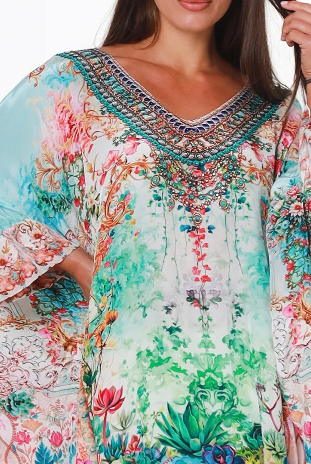 Eden Jewel embellished aqua garden kaftan mini dress by Peacock Feather in viscose crepe
