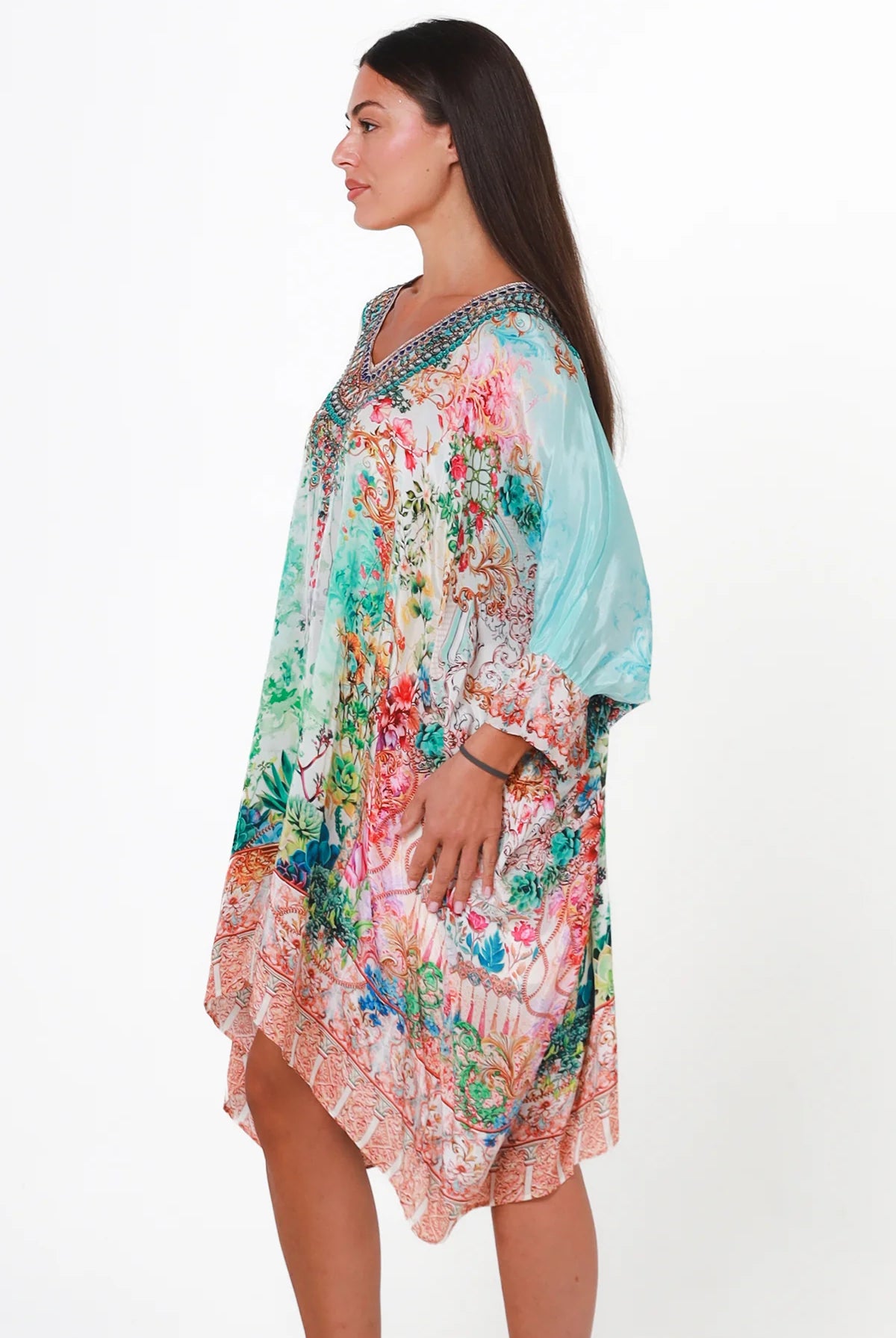 Eden Jewel embellished aqua garden kaftan mini dress by Peacock Feather in viscose crepe