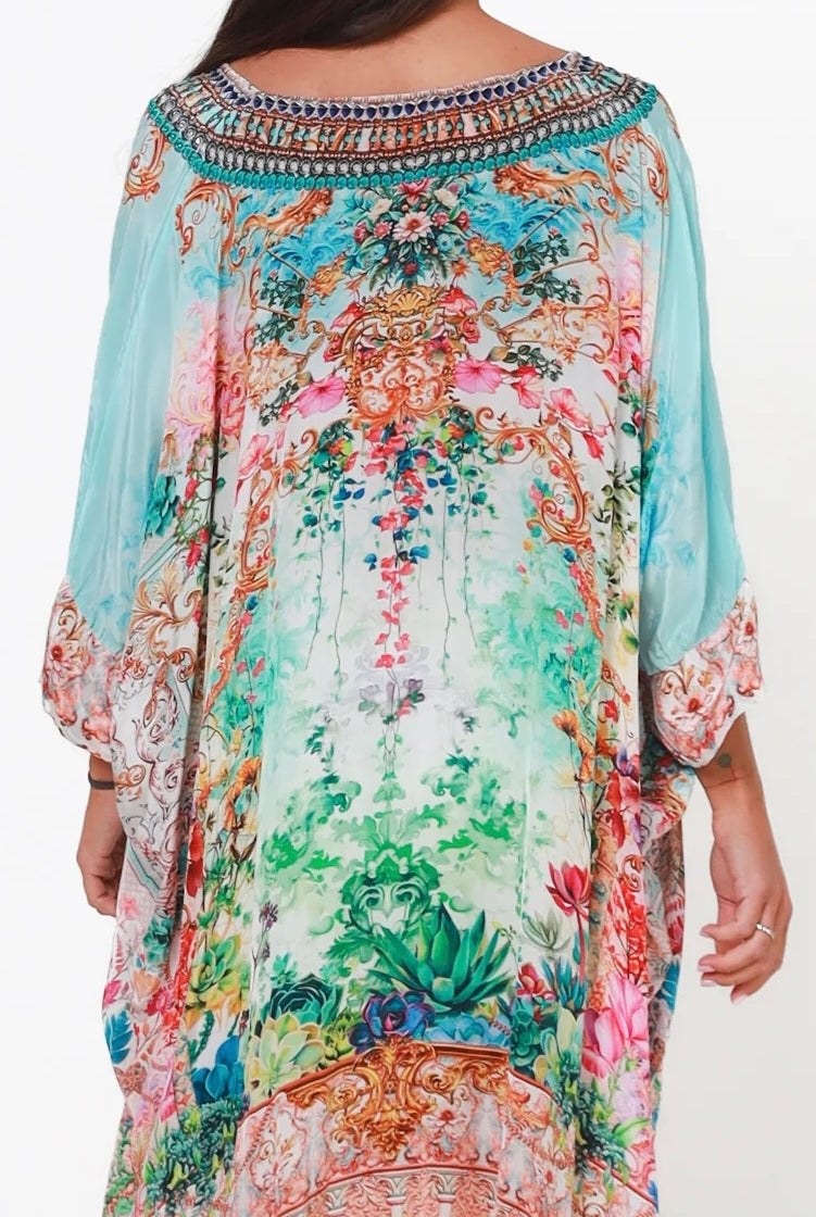 Eden Jewel embellished aqua garden kaftan mini dress by Peacock Feather in viscose crepe