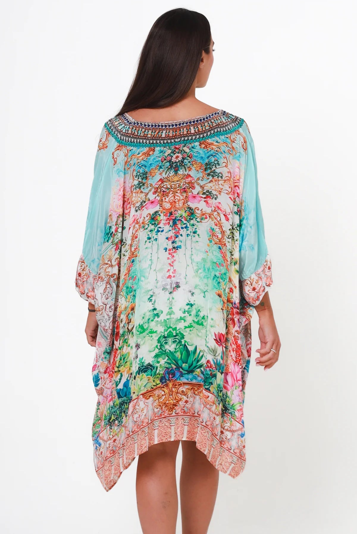Eden Jewel embellished aqua garden kaftan mini dress by Peacock Feather in viscose crepe