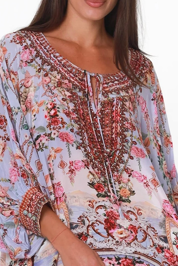 Clara embellished lavender viscose crepe boho tunic blouse with rhinestone neckline by Peacock Feather