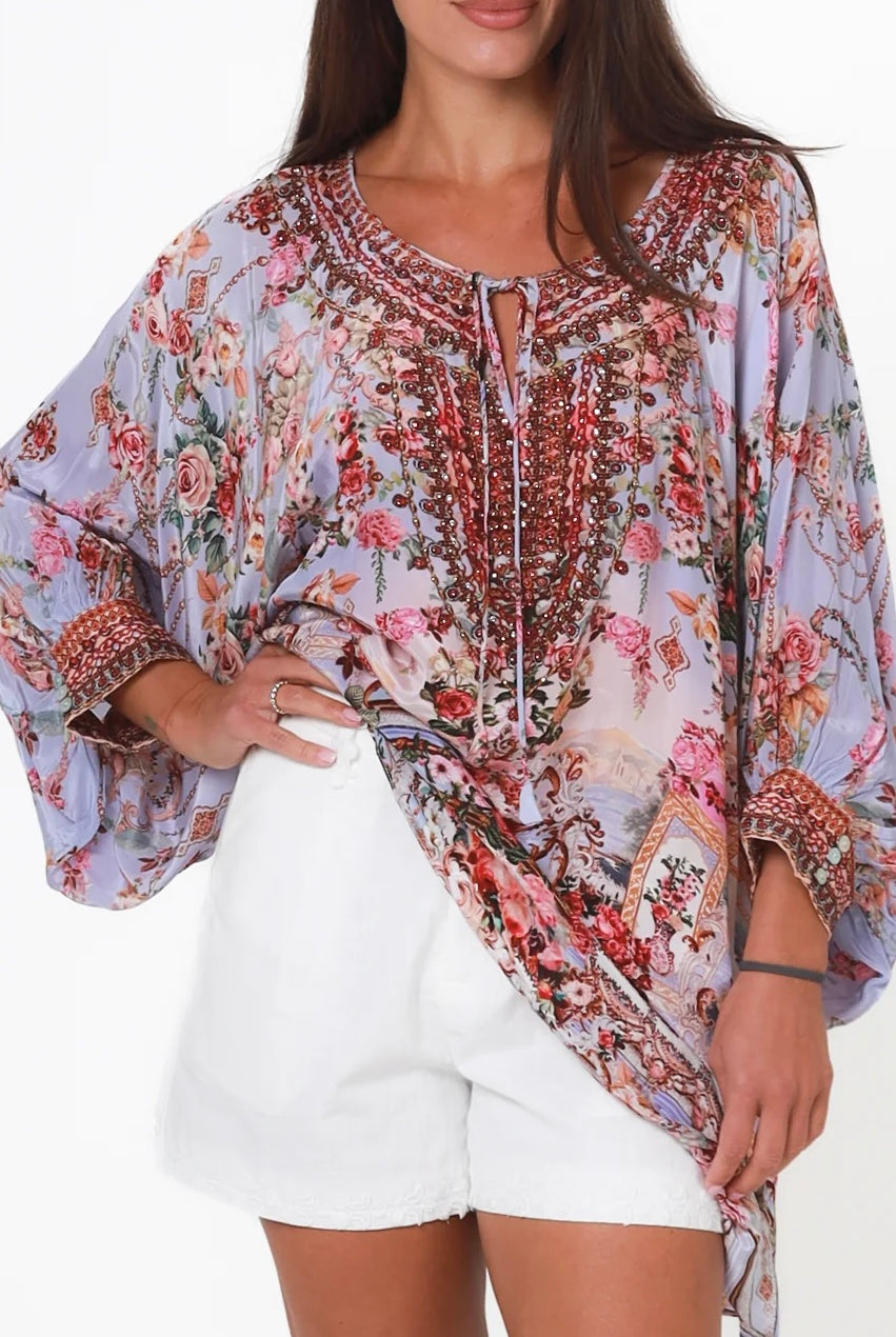 Clara embellished lavender viscose crepe boho tunic blouse with rhinestone neckline by Peacock Feather