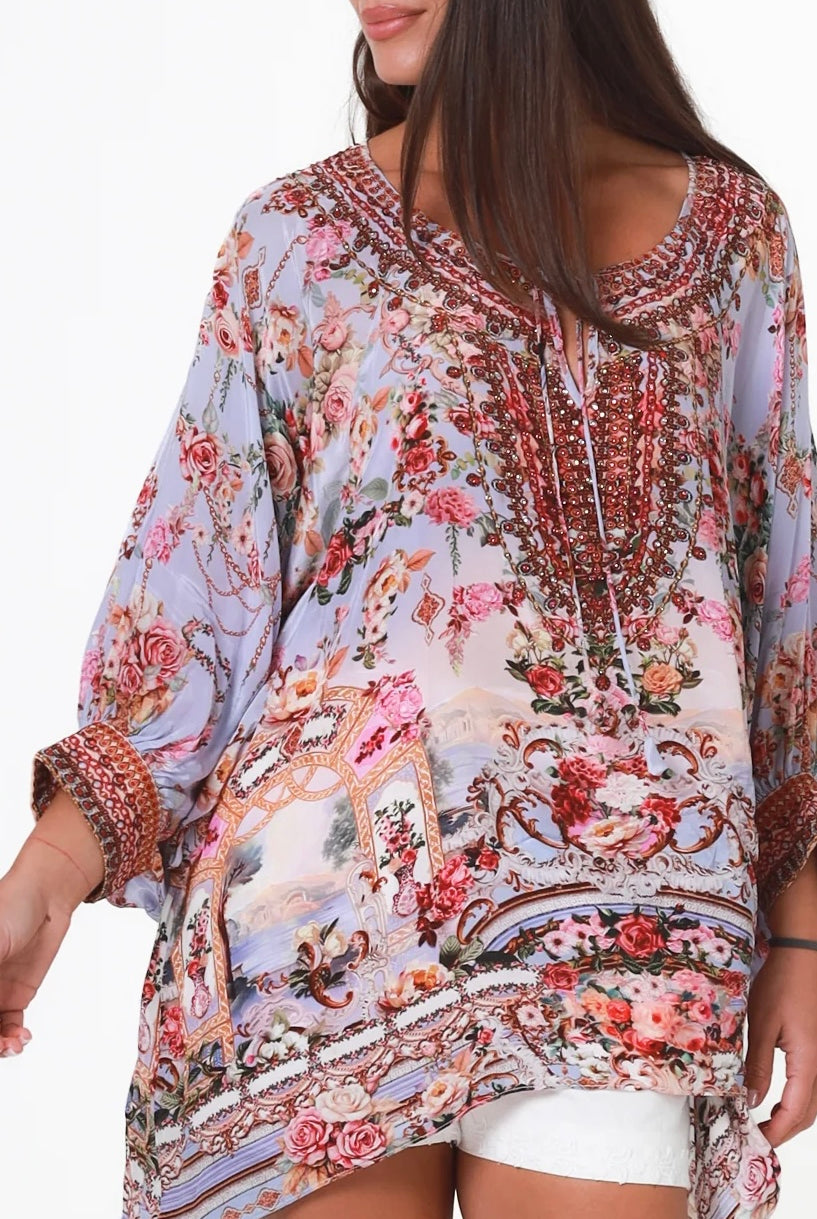 Clara embellished lavender viscose crepe boho tunic blouse with rhinestone neckline by Peacock Feather