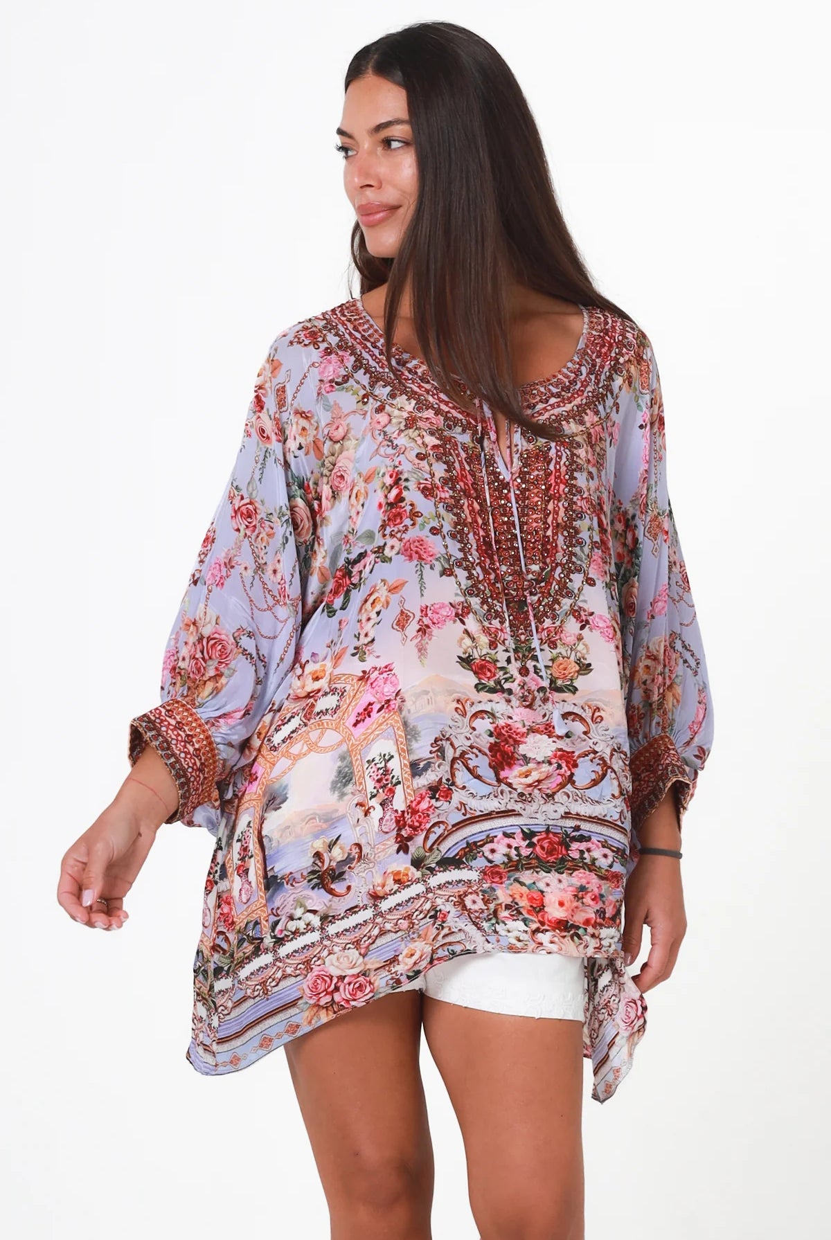 Clara embellished lavender viscose crepe boho tunic blouse with rhinestone neckline by Peacock Feather