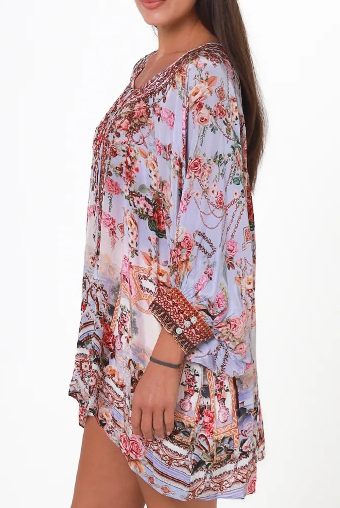 Clara embellished lavender viscose crepe boho tunic blouse with rhinestone neckline by Peacock Feather