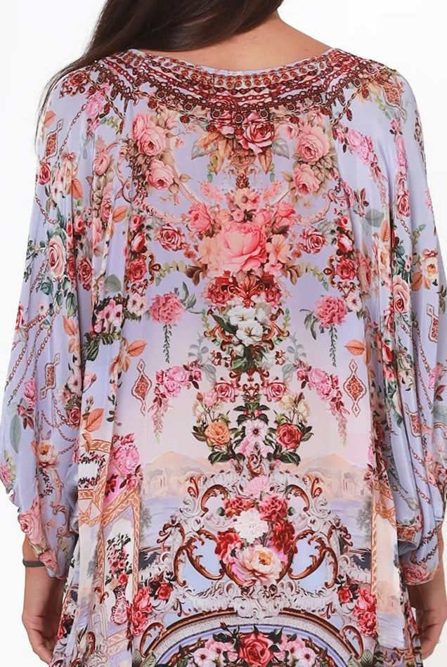 Clara embellished lavender viscose crepe boho tunic blouse with rhinestone neckline by Peacock Feather