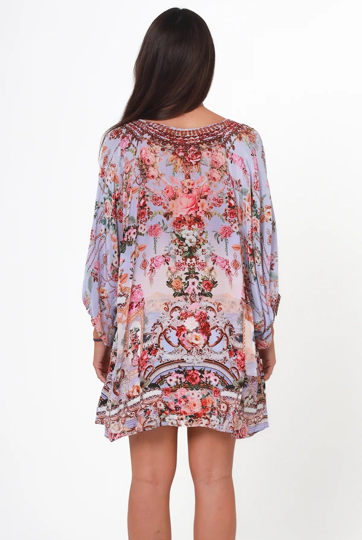 Clara embellished lavender viscose crepe boho tunic blouse with rhinestone neckline by Peacock Feather