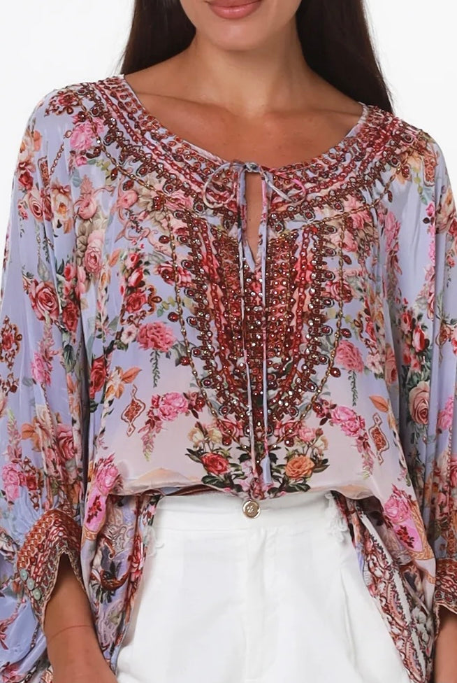 Clara embellished lavender viscose crepe boho tunic blouse with rhinestone neckline by Peacock Feather