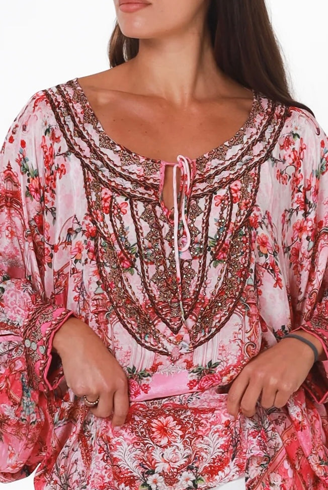 Clara Embellished Tunic Blouse Rose by Peacock Feather with rhinestone neckline floral viscose crepe one size