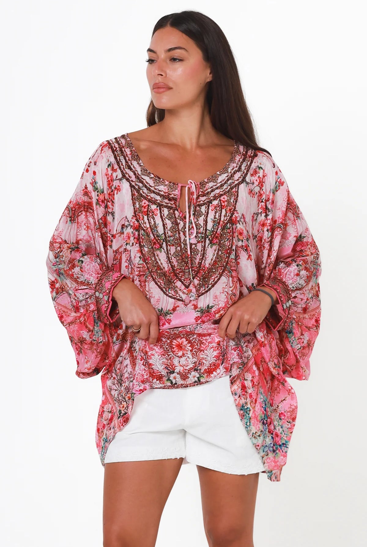 Clara Embellished Tunic Blouse Rose by Peacock Feather with rhinestone neckline floral viscose crepe one size
