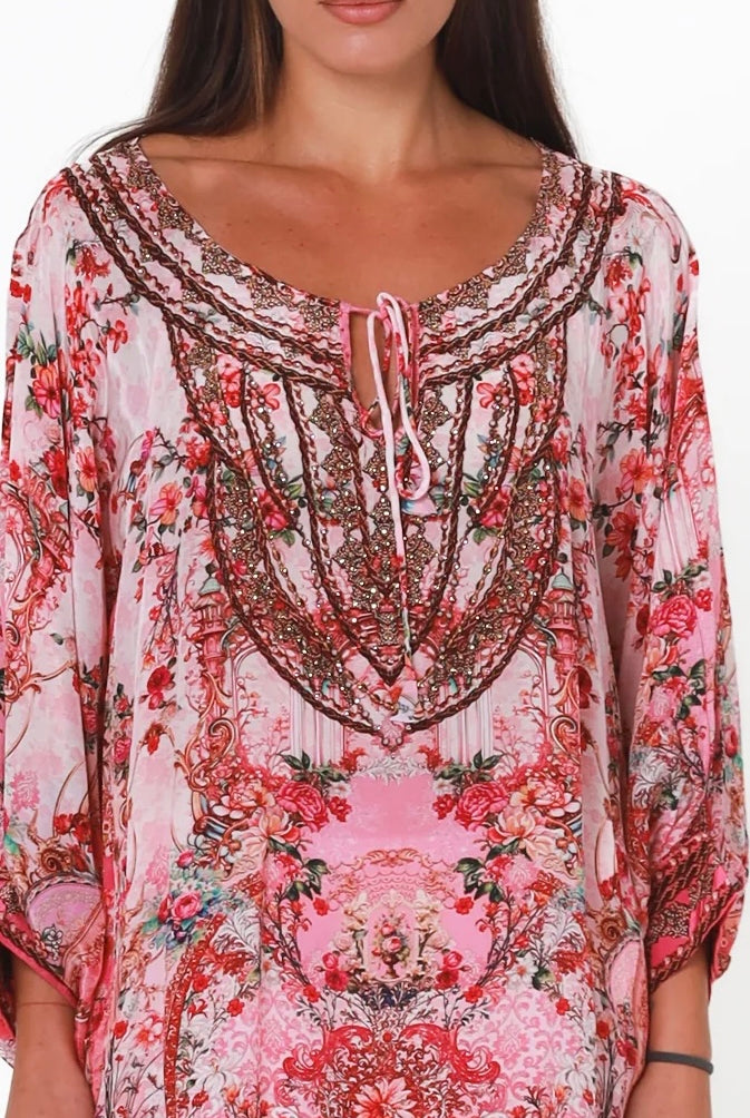 Clara Embellished Tunic Blouse Rose by Peacock Feather with rhinestone neckline floral viscose crepe one size