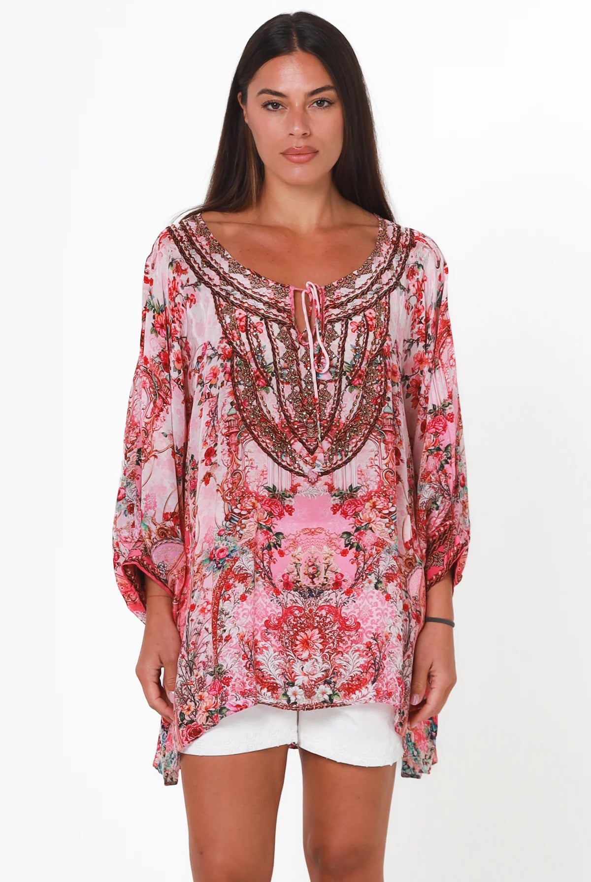 Clara Embellished Tunic Blouse Rose by Peacock Feather with rhinestone neckline floral viscose crepe one size