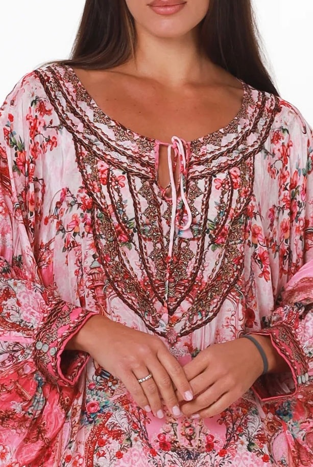 Clara Embellished Tunic Blouse Rose by Peacock Feather with rhinestone neckline floral viscose crepe one size