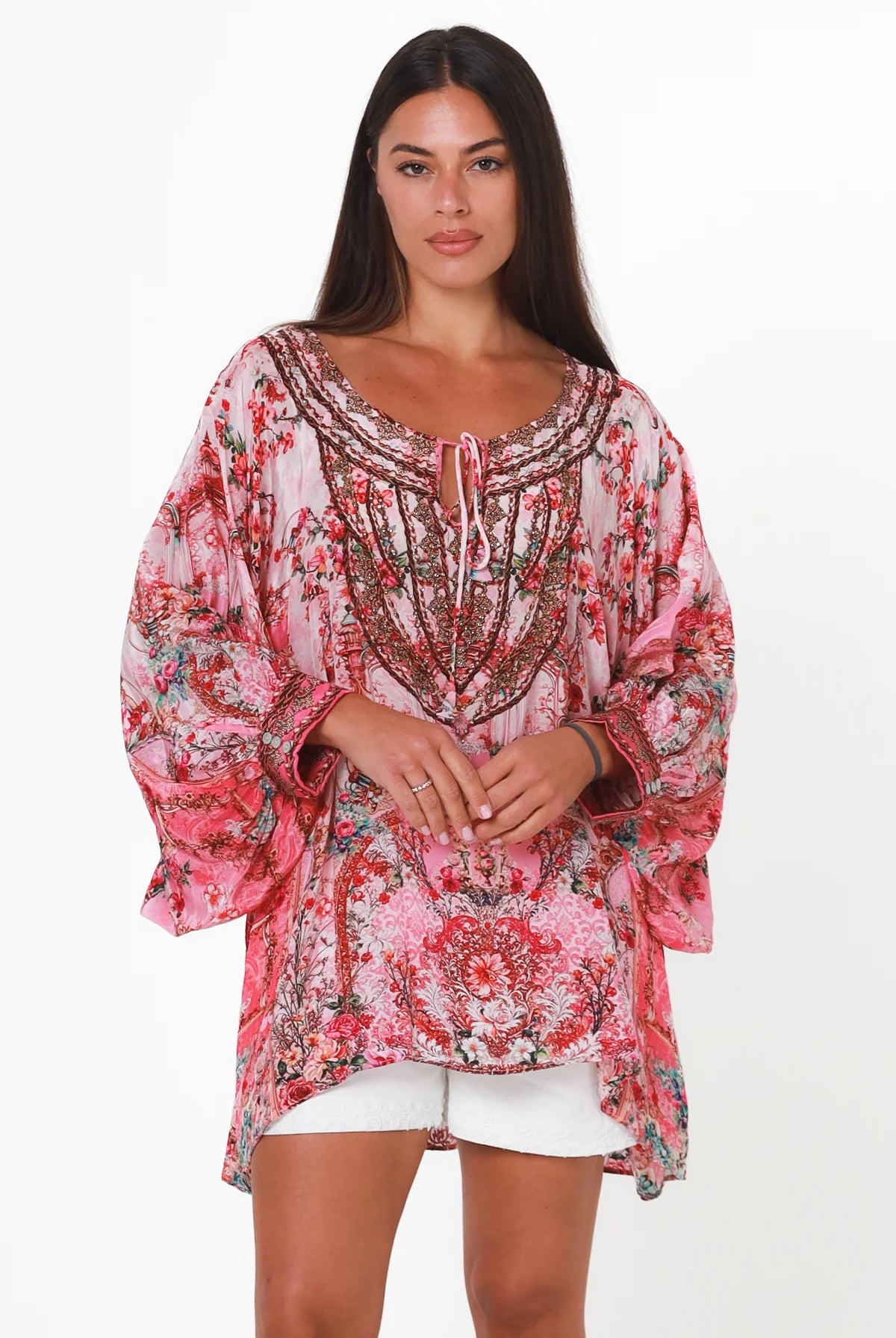 Clara Embellished Tunic Blouse Rose by Peacock Feather with rhinestone neckline floral viscose crepe one size