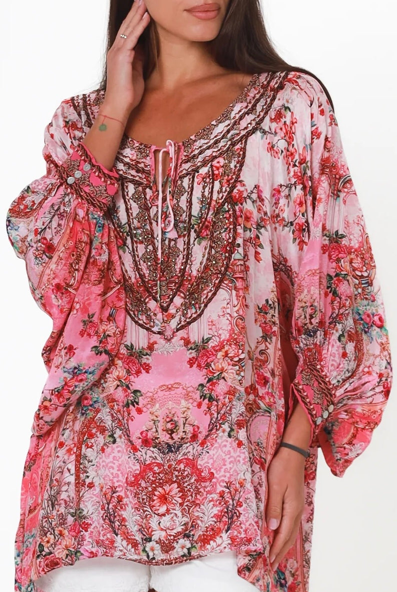 Clara Embellished Tunic Blouse Rose by Peacock Feather with rhinestone neckline floral viscose crepe one size