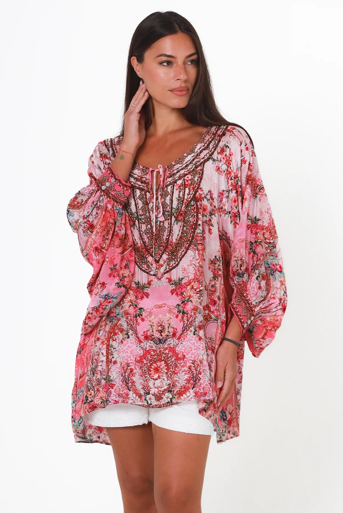 Clara Embellished Tunic Blouse Rose by Peacock Feather with rhinestone neckline floral viscose crepe one size