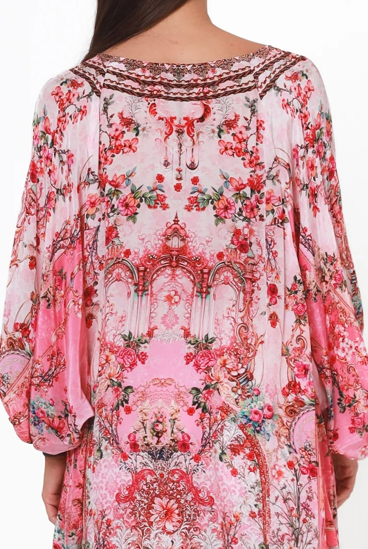 Clara Embellished Tunic Blouse Rose by Peacock Feather with rhinestone neckline floral viscose crepe one size