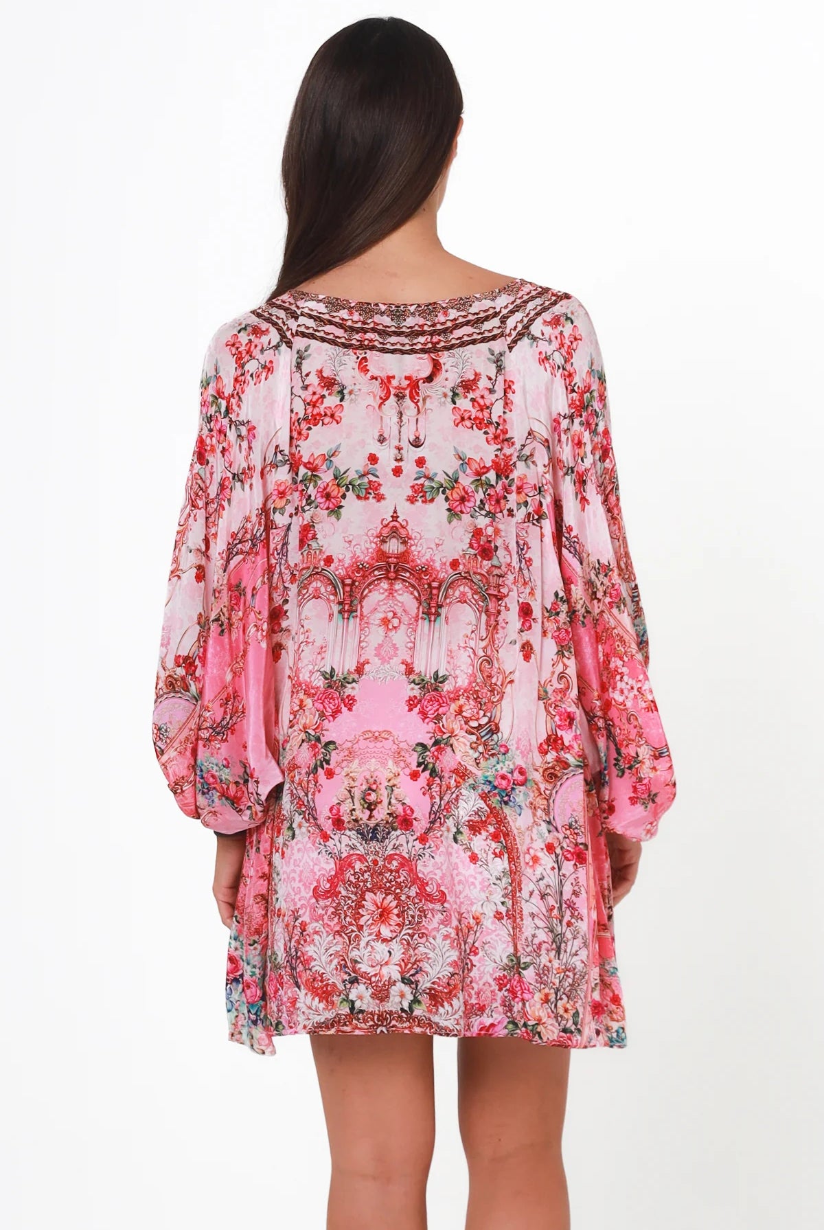 Clara Embellished Tunic Blouse Rose by Peacock Feather with rhinestone neckline floral viscose crepe one size