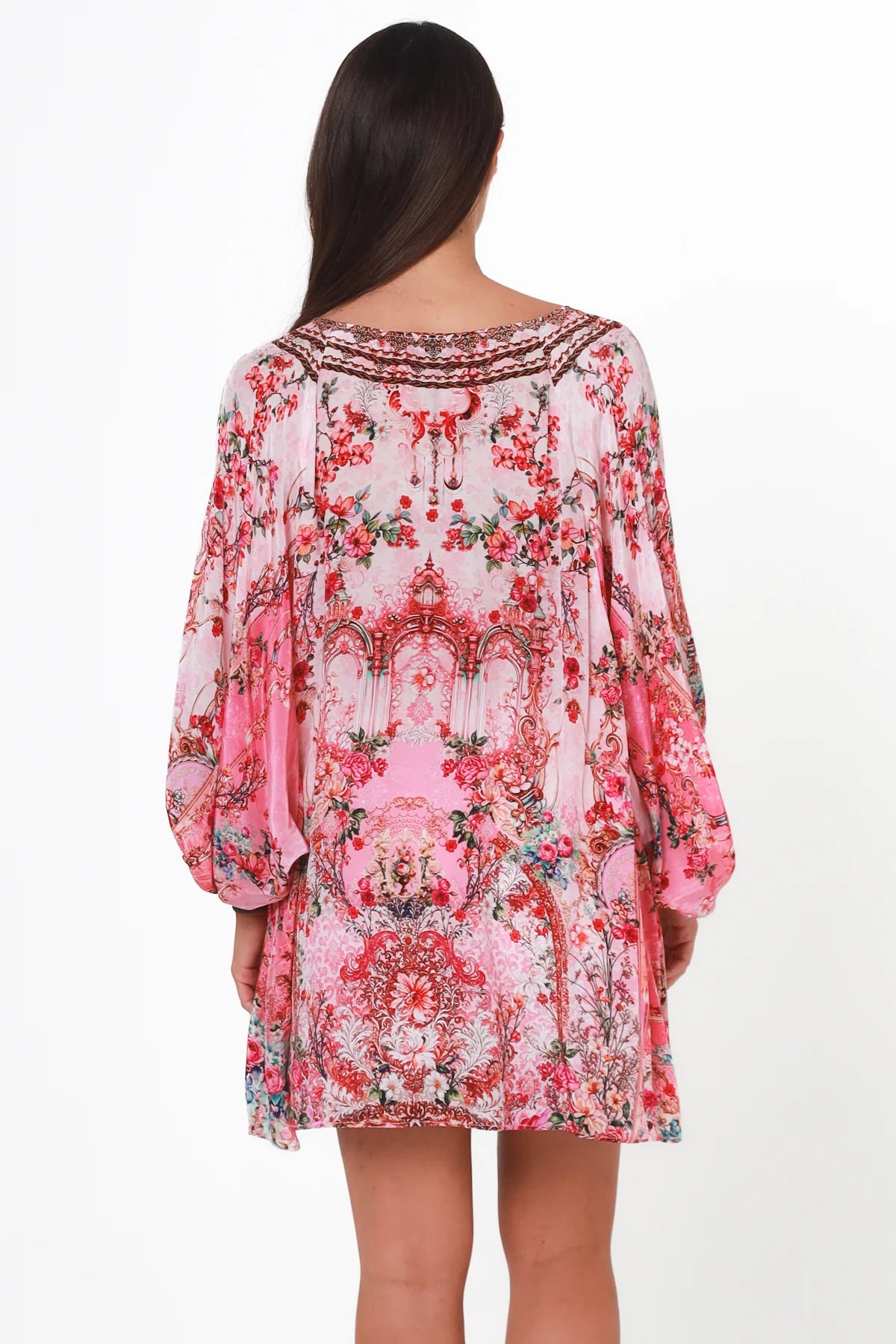 Clara Embellished Tunic Blouse Rose by Peacock Feather with rhinestone neckline floral viscose crepe one size
