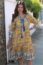 Golden Dahlia cotton boho mini dress wit floral border print blue piping and tassel ties - Australia
