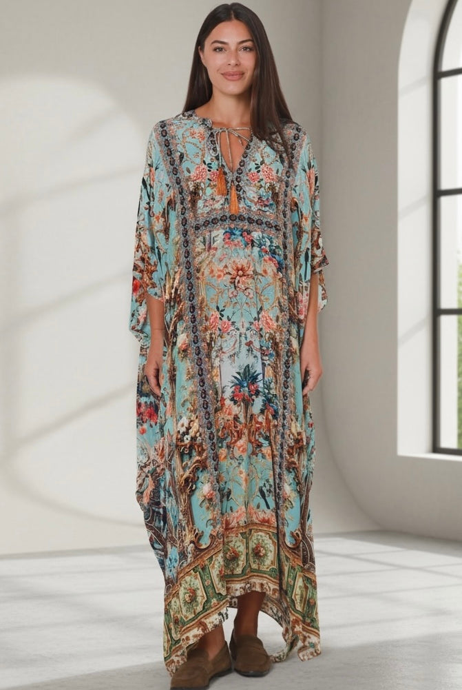 Mirage Kaftan Vintage Mint bohemian viscose crepe kaftan with botanical print, birds, rhinestones and tassel ties