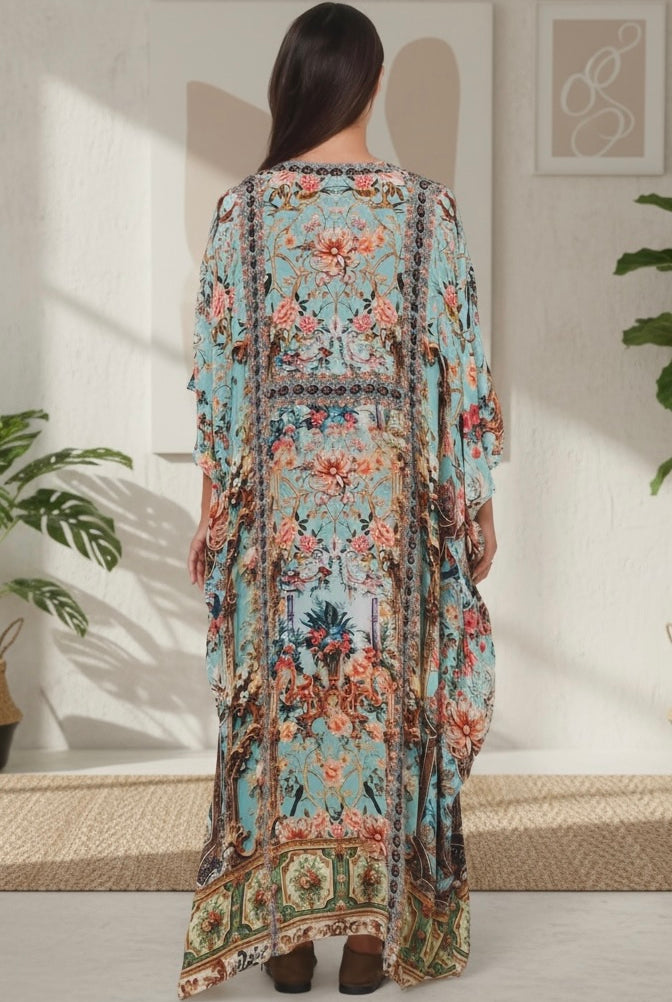 Mirage Kaftan Vintage Mint bohemian viscose crepe kaftan with botanical print, birds, rhinestones and tassel ties