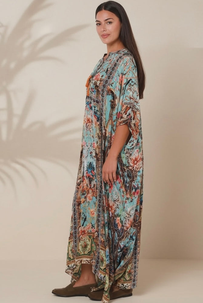 Mirage Kaftan Vintage Mint bohemian viscose crepe kaftan with botanical print, birds, rhinestones and tassel ties