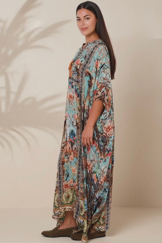 Mirage Kaftan Vintage Mint bohemian viscose crepe kaftan with botanical print, birds, rhinestones and tassel ties